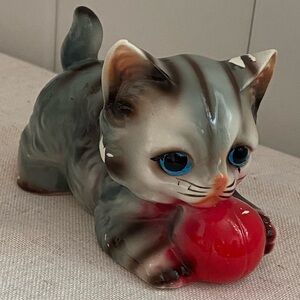 Vintage kitten figurine tiger kitty playing red ball Blue eyes Kitschy kitty MCM